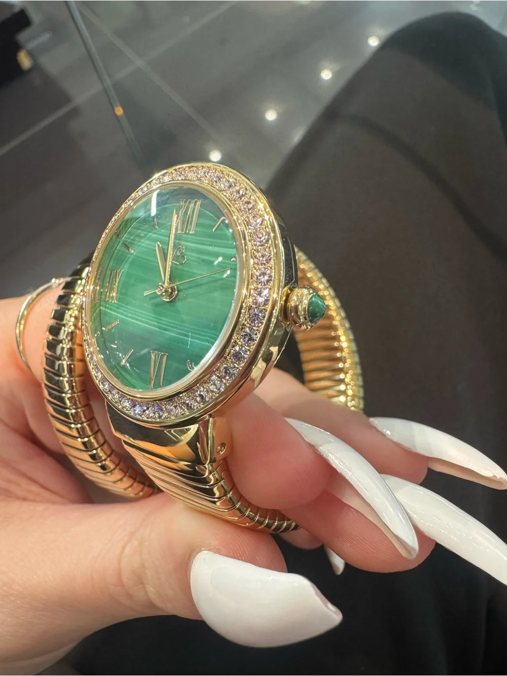 NEW Colleen Lopez gold-tone crystal bezel tubogas coil watch w/ green malachite